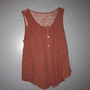 Papaya Peach Gold Button Down Tank Top w Lace Back